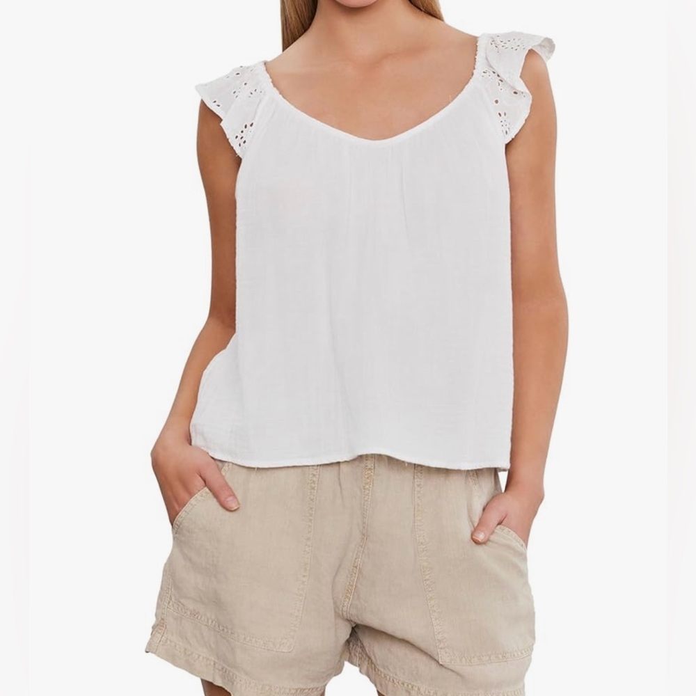 Velvet by Graham & Spencer Women's Stella White Cotton Eyelet Top, Medium, New